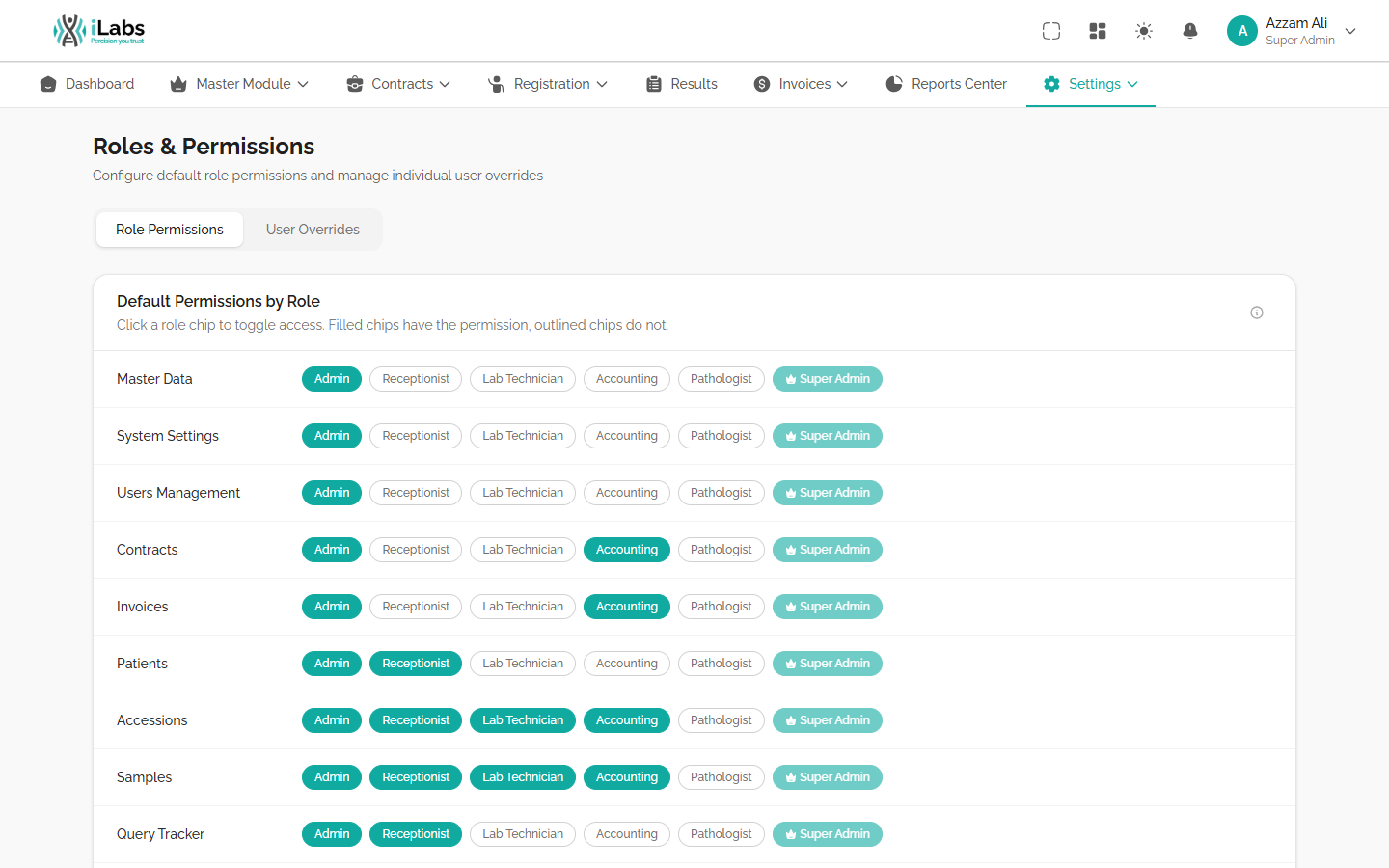 Roles and permissions screen