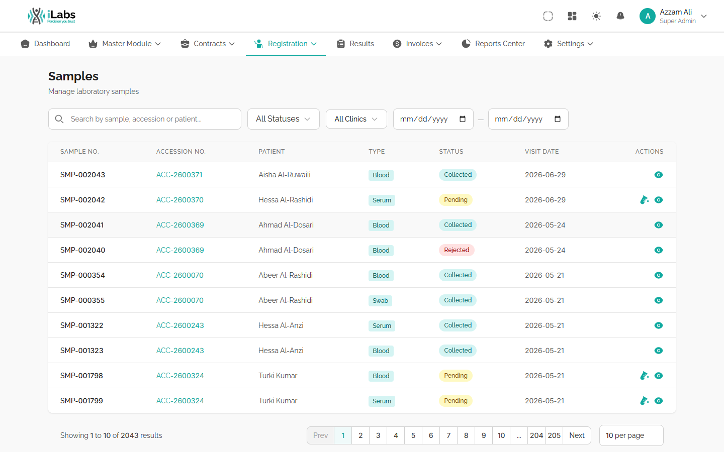 Sample tracking screen